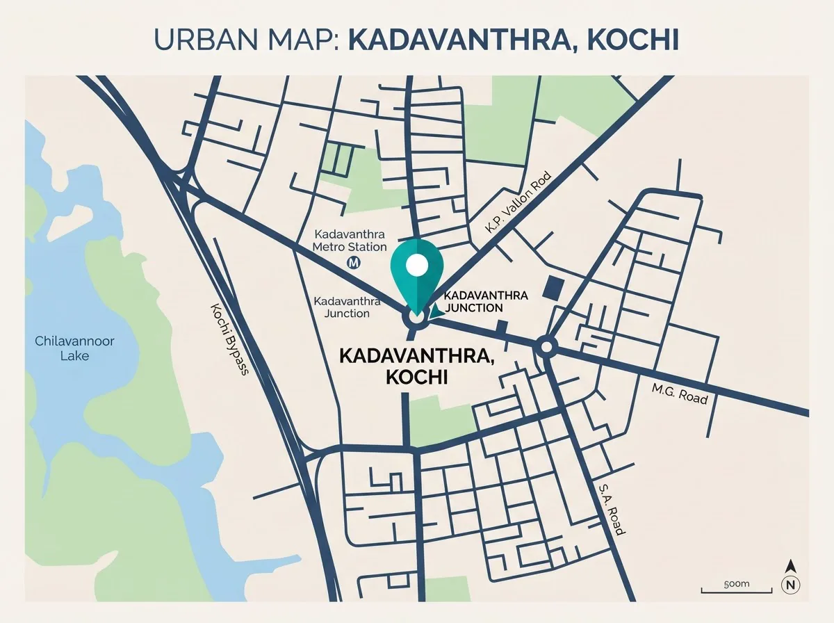 Map of Skinessence clinic location in Kadavanthra, Kochi